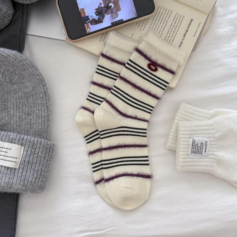 Mink Fur Striped Socks for Women in Autumn and Winter, Button Cotton Mid-calf Socks, Retro Flocking Pile Socks for Warmth