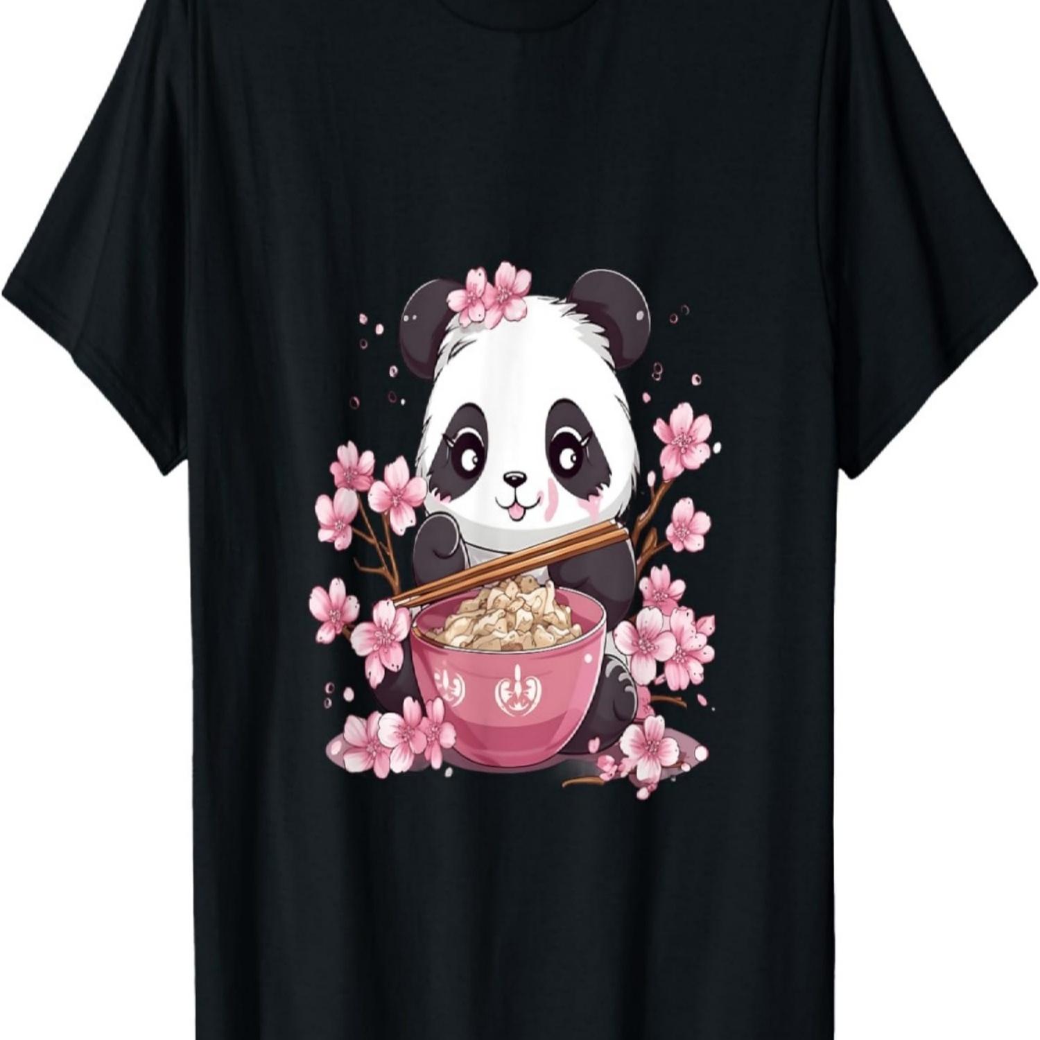 Otaku Kawaii Anime Panda Eat Ramen Noodles Cherry Blossom T-Shirt(8) S чёрный