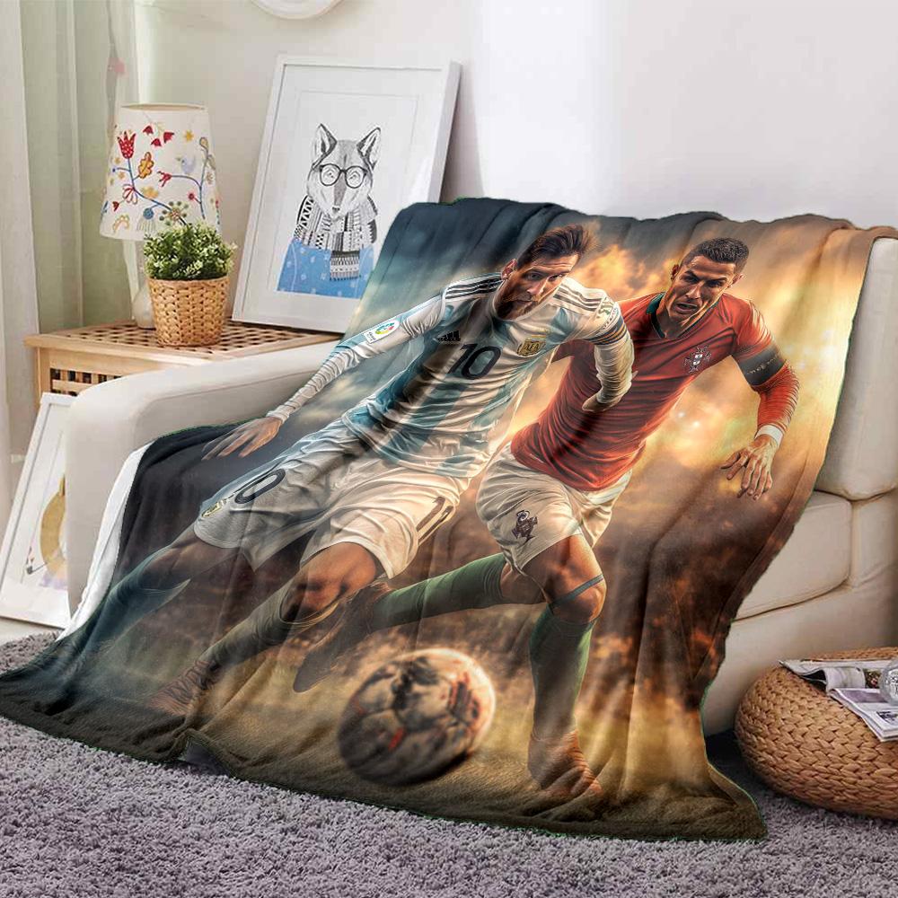 Messi Ronaldo Football Star Print Flannel Blanket Soft Warm Throw Blanket for Sofa Bedroom Home Decoration Fan Gift