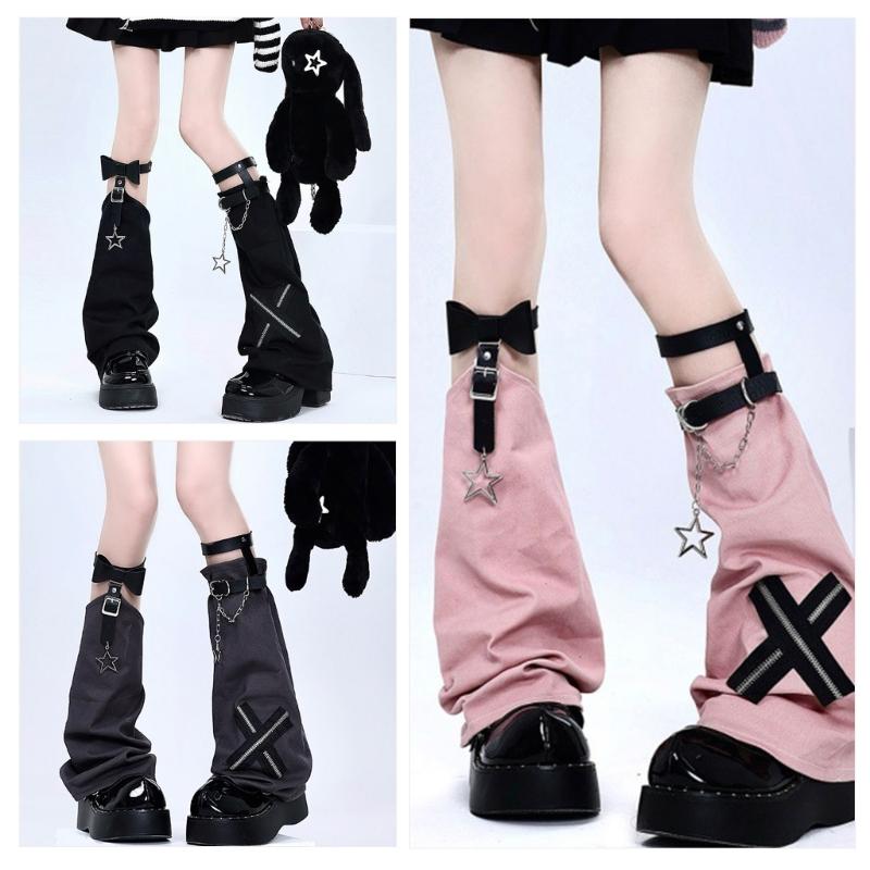 Aesthetic Vintage Crosses Stitched Leg Warmer for Women Harajuku Streetwear Punk Leather Buckle Garters Leg Sleeve Cover