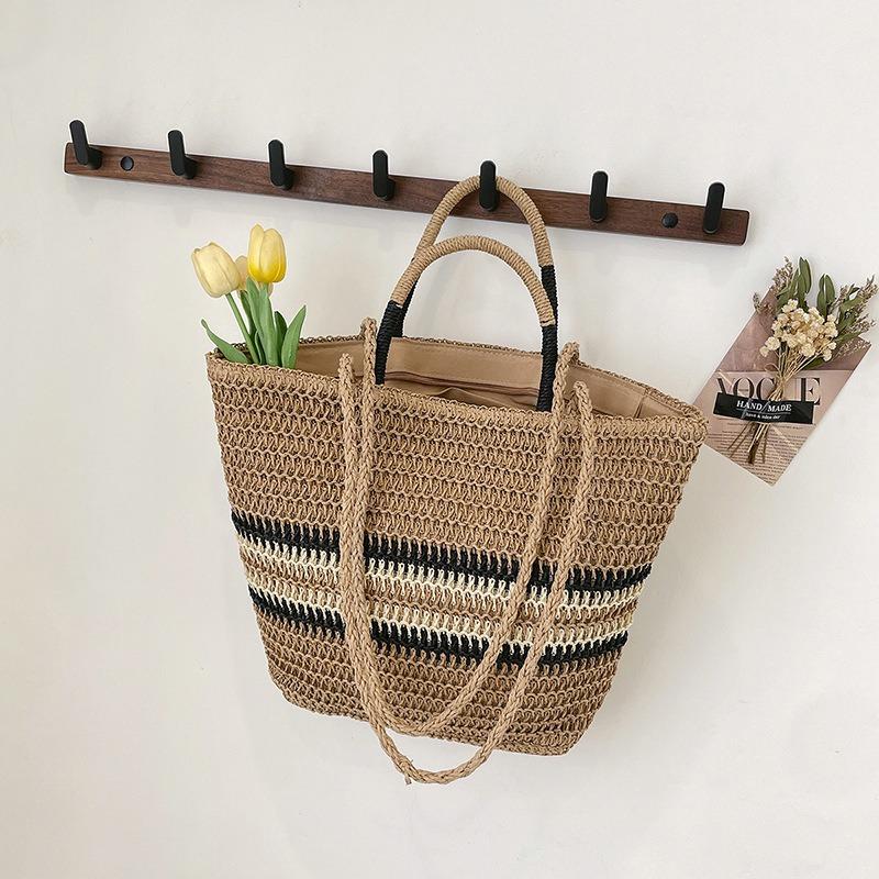 New Summer Shoulder Bag Splicing Striped Straw Bag Women's Popular Fashion Simple Tote Bag Messenger Bag