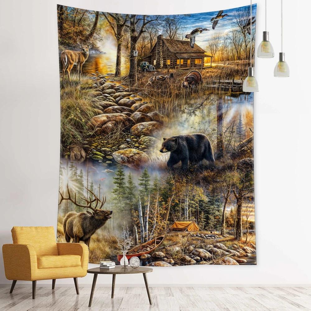 Brown Bear And Elk Forest Cabin Tapestry Wall Hanging Modern Art Landscape Hippie Bohemian Living Room Bedroom Home Decor