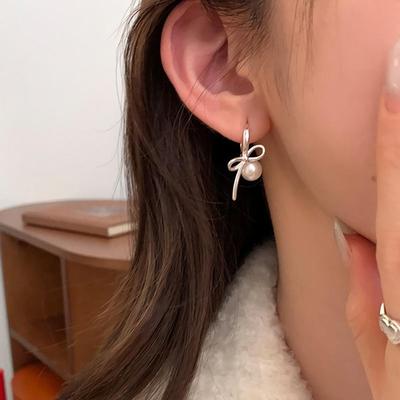 Women's 925 Silver Ballet Ribbon Pearl Earrings