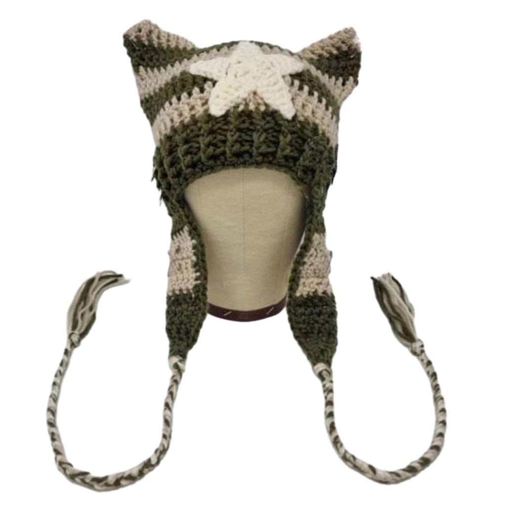 Cat Ear Beanie Hat for Women Harajuku Style Star Patched Earflap Hat Handmade Crochet Hat Y2K Sweet Winter Warm Headwear