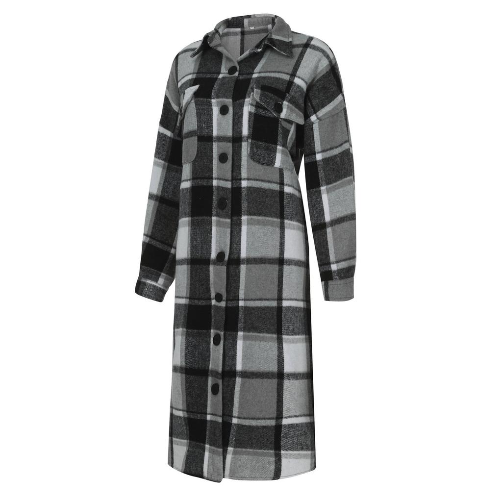 Damska modna odzież wierzchnia w kratę z długim rękawem i klapami, długa kurtka trencz