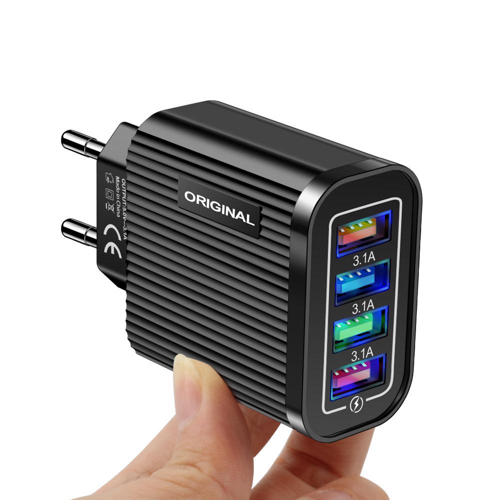 

Люминесцентная зарядная головка для мобильного телефона с 4 USB-портами, европейский стандарт, зарядное устройство для путешествий, USB-зарядное устройство для смарт-планшета European socket чёрный