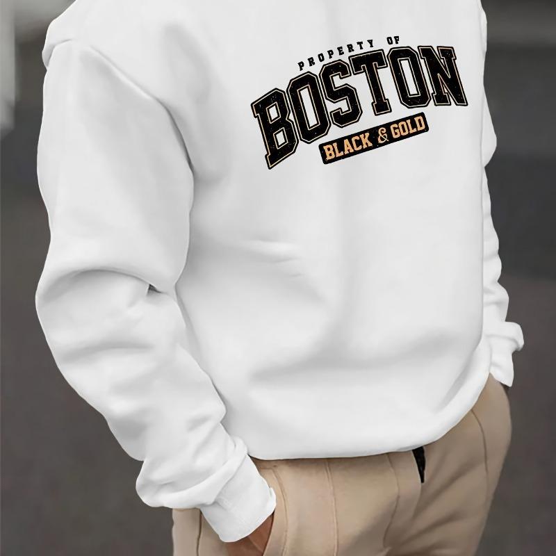 Men's Casual Crewneck Sweatshirt Boston Black Gold Print Fashion Long Sleeve