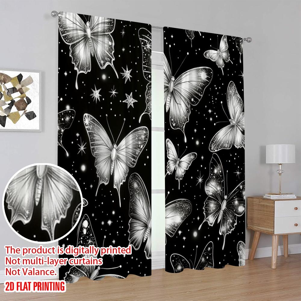 2pcs,2D plane printing Window Curtain Starlit Butterflies Durable 100% Polyester Fabric (without rod) Decorations Inside for
