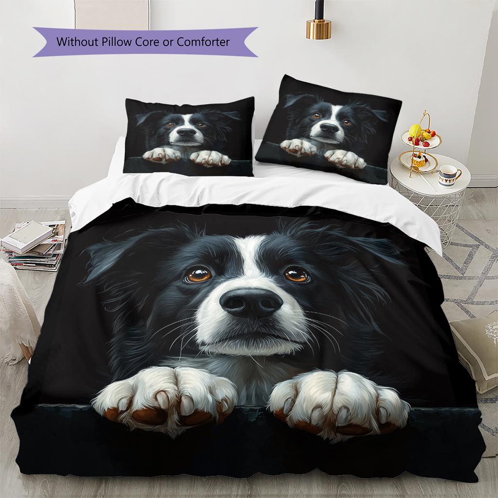 Black Border Collie Pattern Bedding Home Decoration Birthday Gift (1 * duvet cover + 2 * pillowcase, without core)