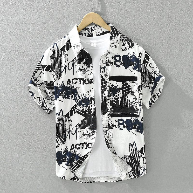 Summer Tokyo Trendy over Print Half Short sleeve Shirts Men's Clothing Hong Kong Style Youth Loose Casual Shirt Pure Cotton New