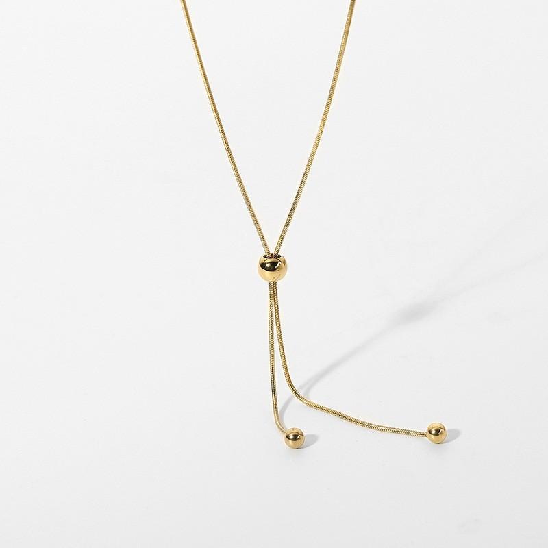 European and American simple fashion plated 11K gold adjustable round bead long fringe necklace stainless steel waterproof sweater chain women
