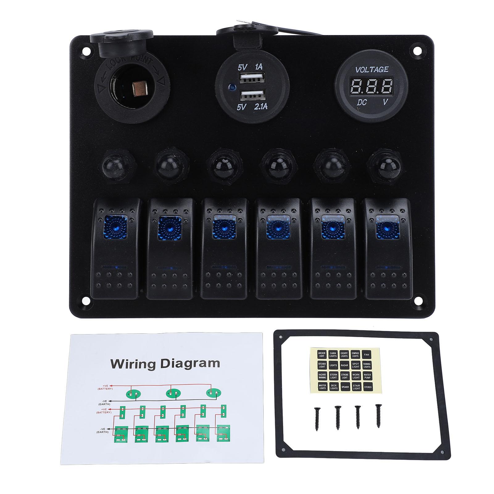 

DC 12‑24V 6 Gang Rocker Switch Panel Overload Protection Dual USB Charger with Digital Voltmeter Display for Boat Yachts Car RV