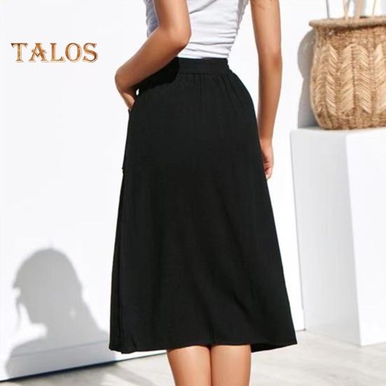 Damen-Midirock, elastisch, hoch tailliert, schlankmachender Stil, wadenlanger Rock mit Taschen, einfarbig, mit Knöpfen verziert, A-Linien-Rock