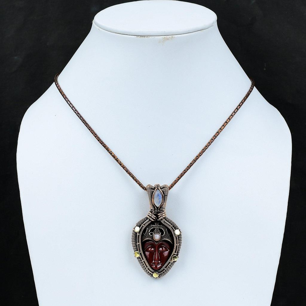 Red Carved Bone Face Gemstone Copper Wire Wrap Pendant Jewelry Gift For Her
