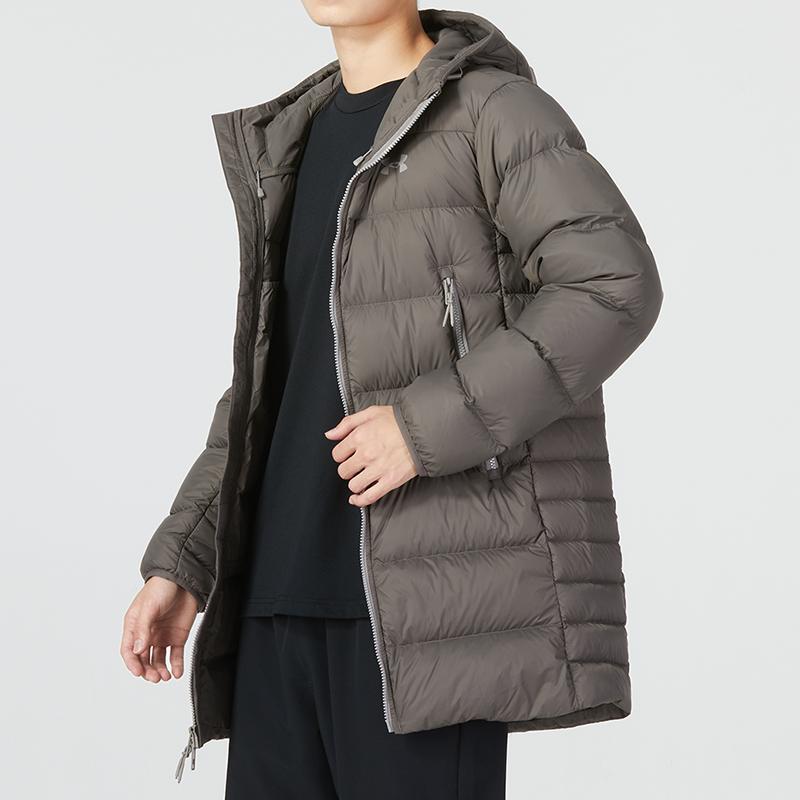 Under Armour Down Parka Casual Hooded Mid-Length Solid Color Down Jacket Men Outerwear Brown 1373663-176