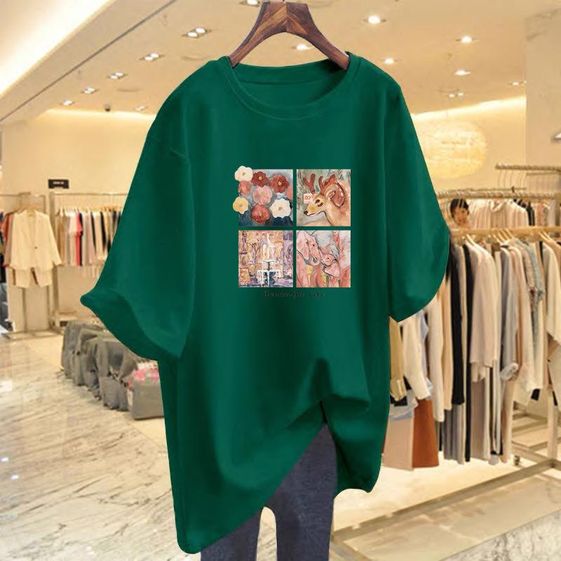 Dark green short-sleeved t-shirt women's large version loose pure cotton medium and long belly-covering and thin half-sleeved t-shirt ns tide