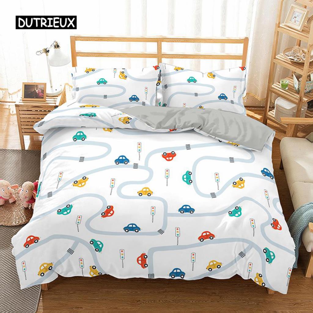 Travel Guide Duvet Cover Set Cartoon Route Car House Building Pattern Bedding Set Microfiber Travel Theme King Size Quilt Cover