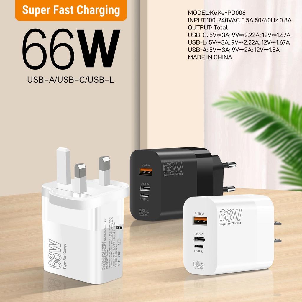 66W Ultra-Fast Charging Adapter with EU/US/UK Plug for Apple, Huawei, Xiaomi Phones