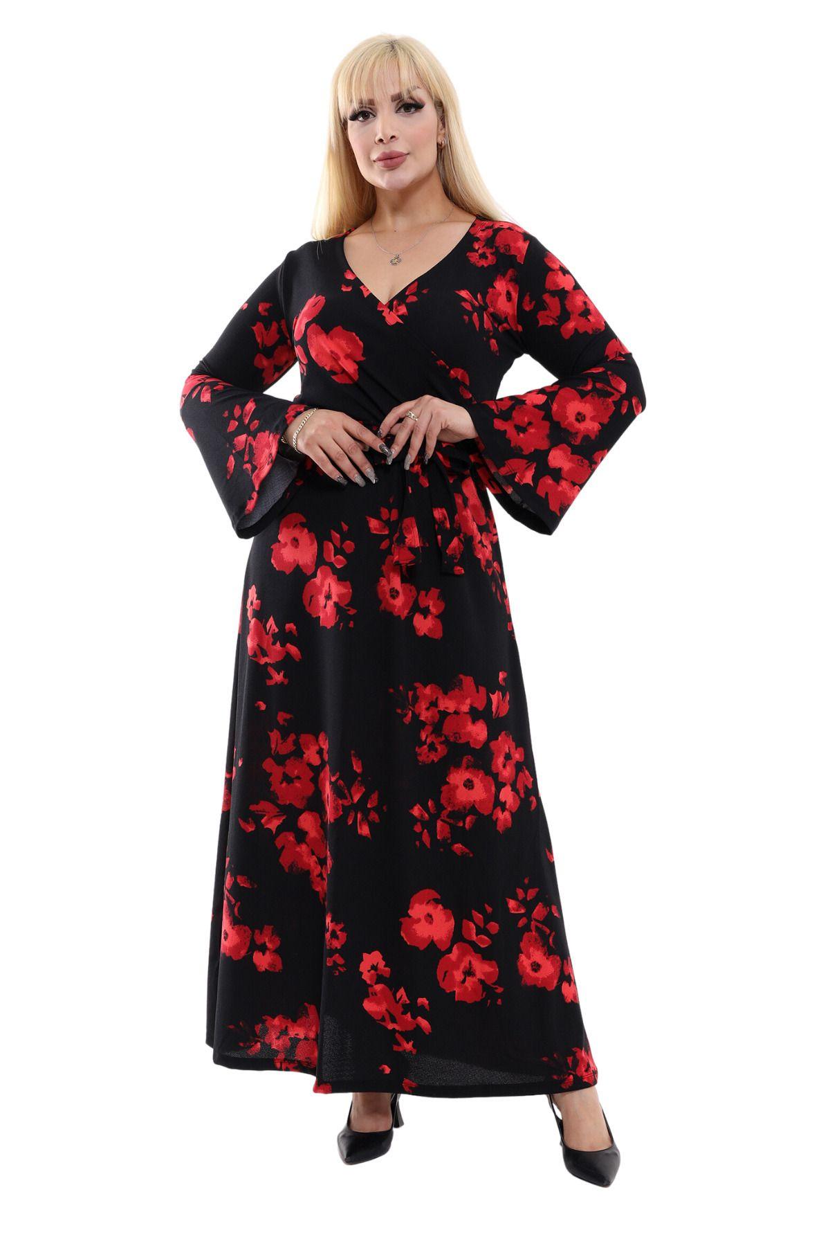 

Women s Big Size Dress Double Breasted Red Poppy Patterned Crepe Plus Size Dress