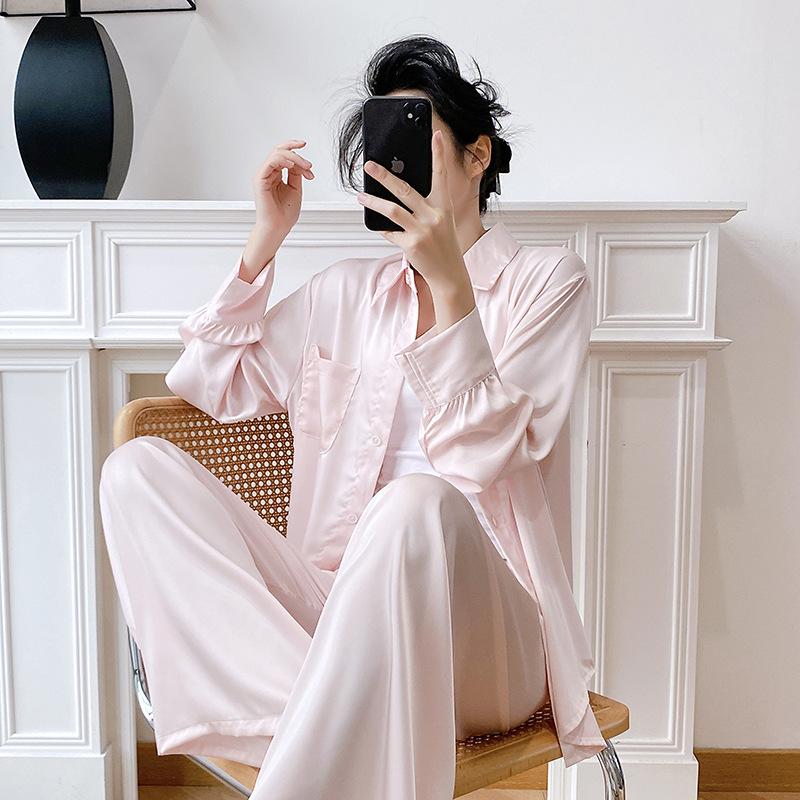 1011 new pajamas women's spring and autumn ice silk long-sleeved large-size suit summer solid color high-end wide-leg pants loungewear