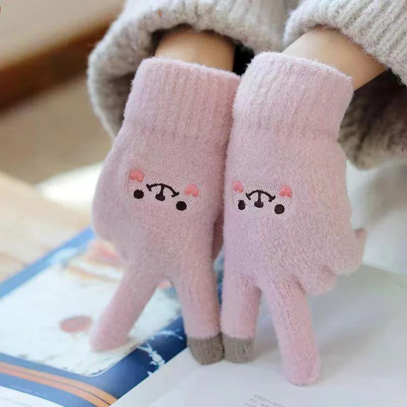 Kawaii Knitted Gloves Cute Cartoon Embroidered Bear Touchscreen Glove for Women Autumn Winter Warm Shopping Knit Soft Gloves