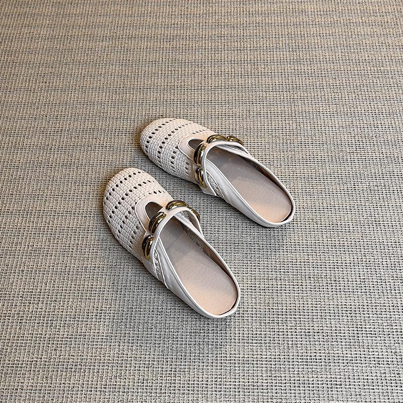 

Slack bag head half drag woven Mary Jane single shoes women s summer new flat bottom word with holiday outside slippers 40 бежевый
