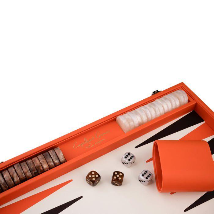 Backgammon de Luxe - ENGELHART - Prestige Kunstleder Orange & Braun - 18" Großformat - Harter Koffer - Marmorierte Figuren