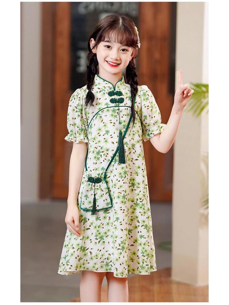 Girls' Summer Floral Cheongsam Princess Dress - Chinese Hanfu Style