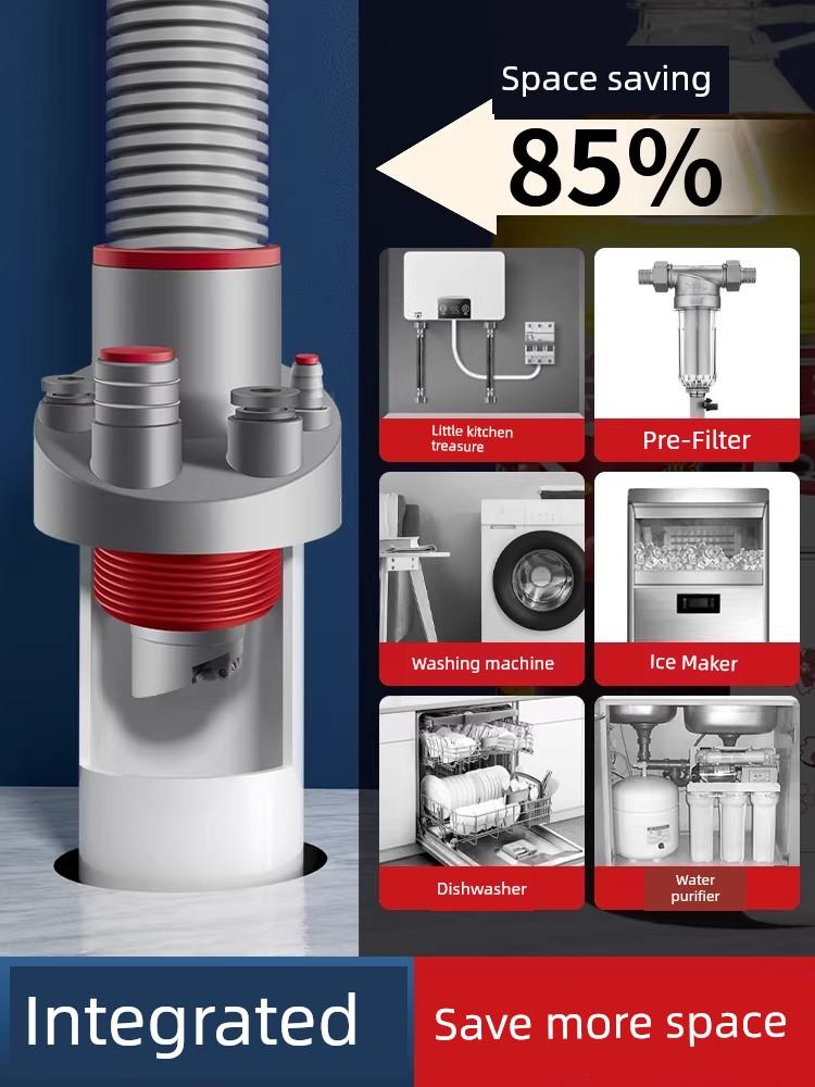 Kitchen Drain Pipe Three-Way Connector, Sink Five-Way Connector, Water Purifier Drainage Pipe, Anti-Odor Diverter