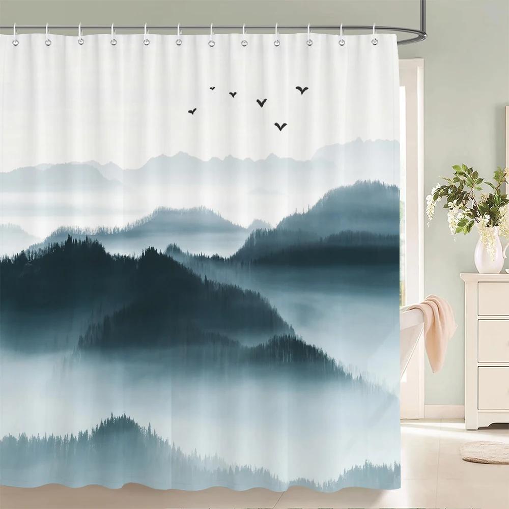 Chinese Ink Painting Landscape Bath Curtain Waterproof Shower Curtains Marble Pattern Bath Screen Printed Curtain for Bathroom