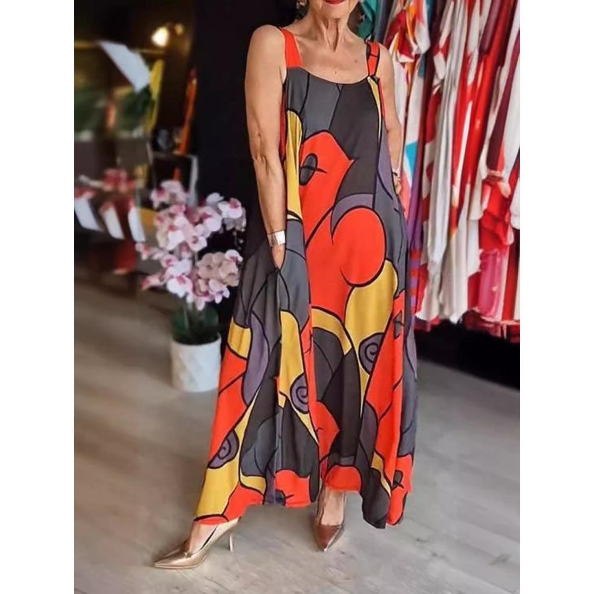 

Women s Casual Sleeveless Sleeveless Geometric Print Plus Size Long Dress with Pockets Clothes Sale S красный