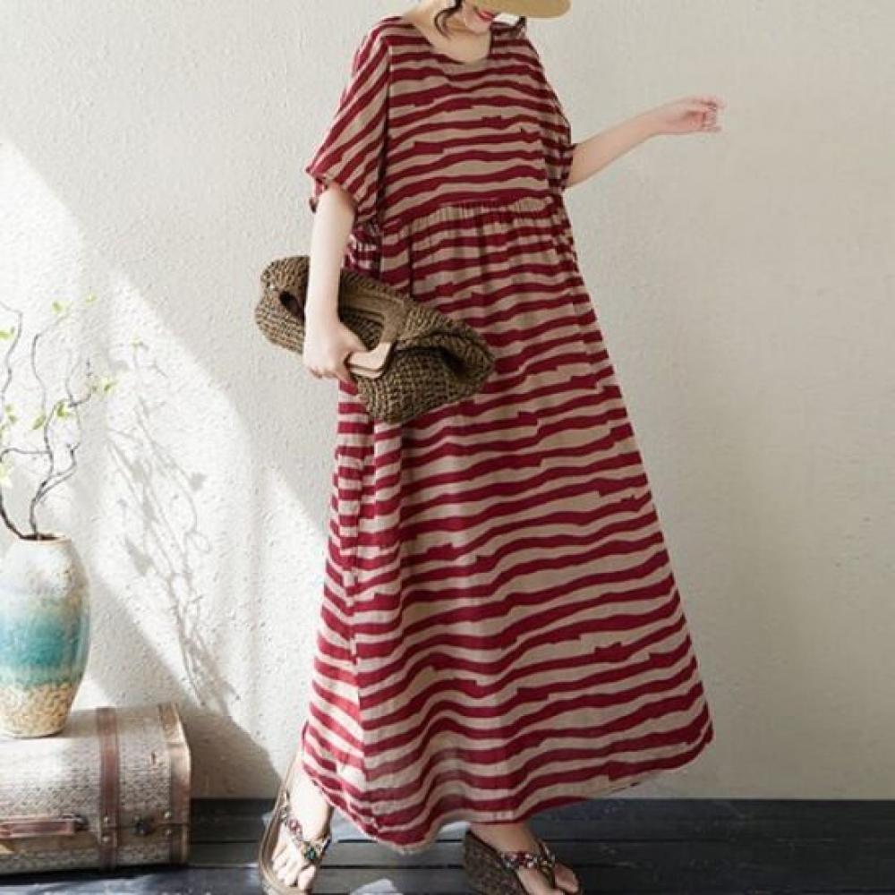 Navava Loose Fit Striped Round Neck Short Sleeve Long Dress No912