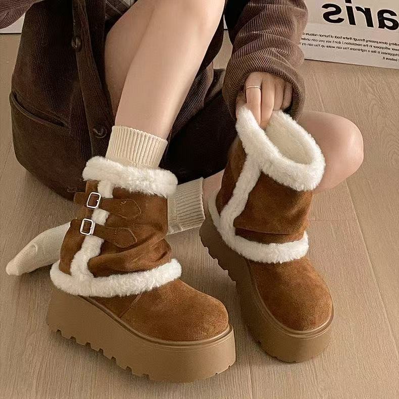 Retro thick-soled heightening snow boots winter new casual piled thickened warm wool cotton shoes