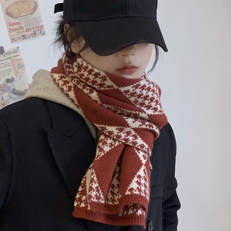 Red Scarf for Women Winter Knitted Wool Student Plaid Thickened Warm Korean Version Versatile Birthday Gift Scarf Trendy