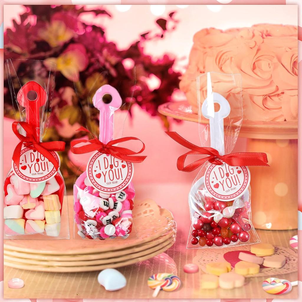 Chumia Valentine's Day Plastic Toy Shovels I Dig You Toy Shovels Set with I Dig You Stickers Valentine Tags with Ribbon Favor(133 Pieces)