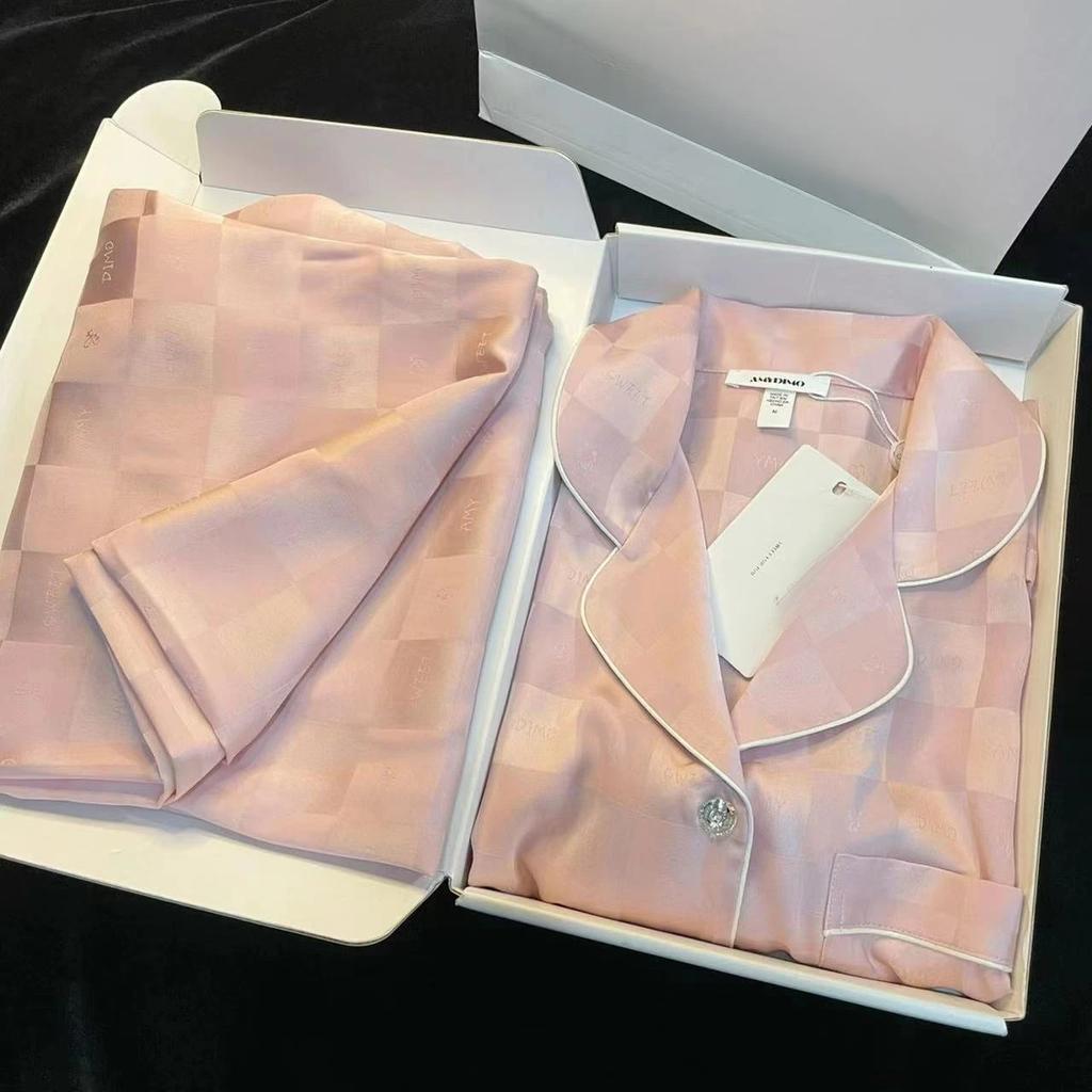 Spring Autumn Jacquard Ice Silk Women's Pajamas Two Pieces Sets Long Sleeve Pants Sleepwear Classic Elegant Female Homewear