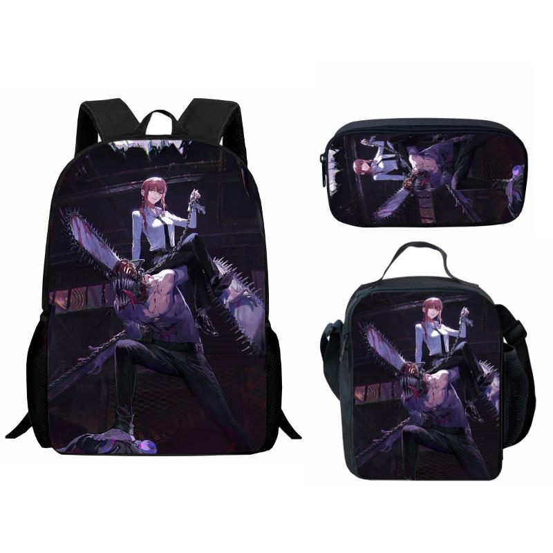 Printed Day Man Two-Dimensional Chainsaw Man Student Schoolbag Three-Piece Cartoon Backpack Lunch Bag