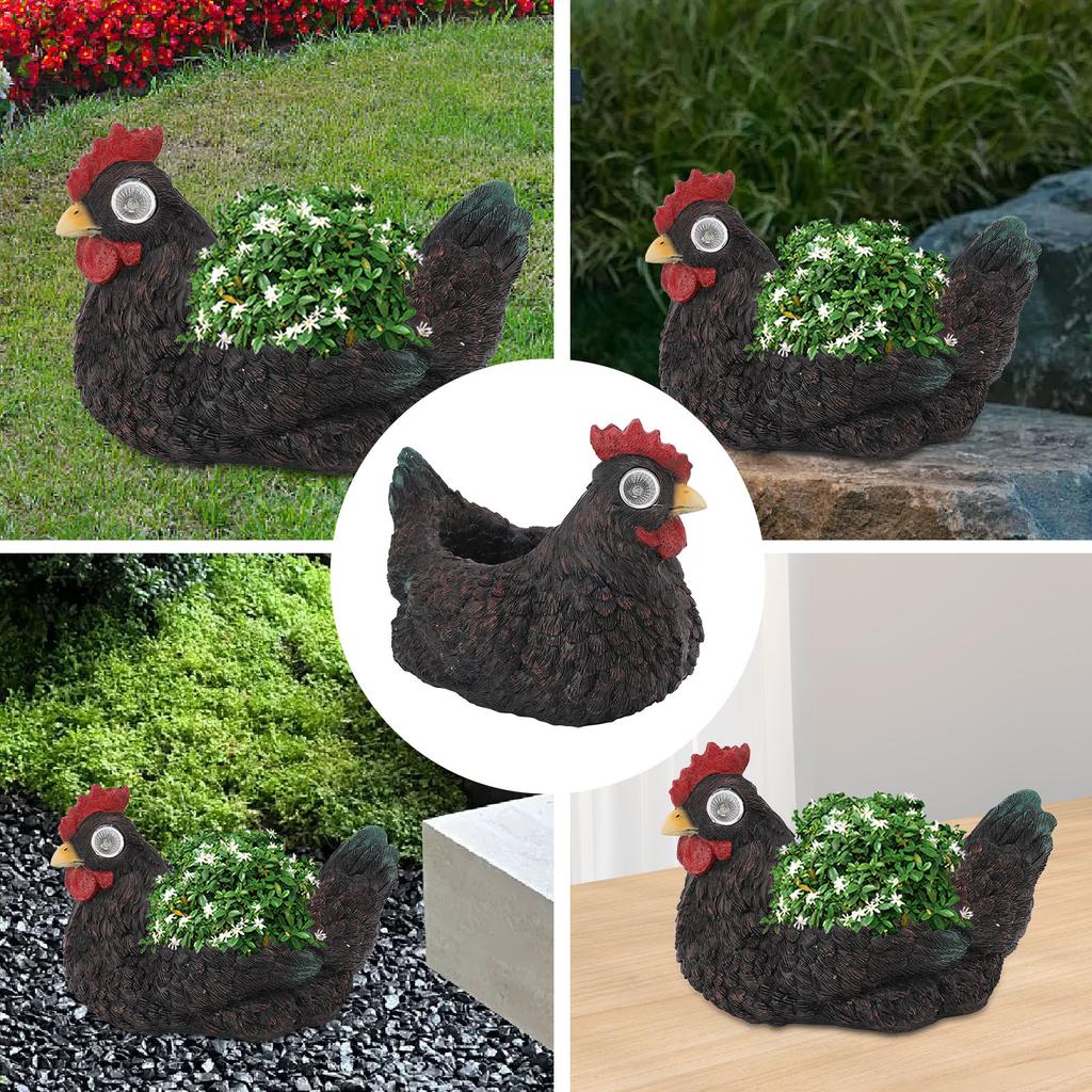 Flower Pot Hen Shape Resin   Pot with Auto Light Sensing Solar Light for Outdoor Garden
