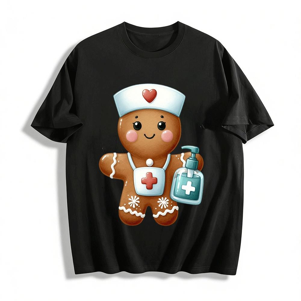 Christmas Nurse Gingerbread Man Print Casual Top Pure cotton T-shirt XXS