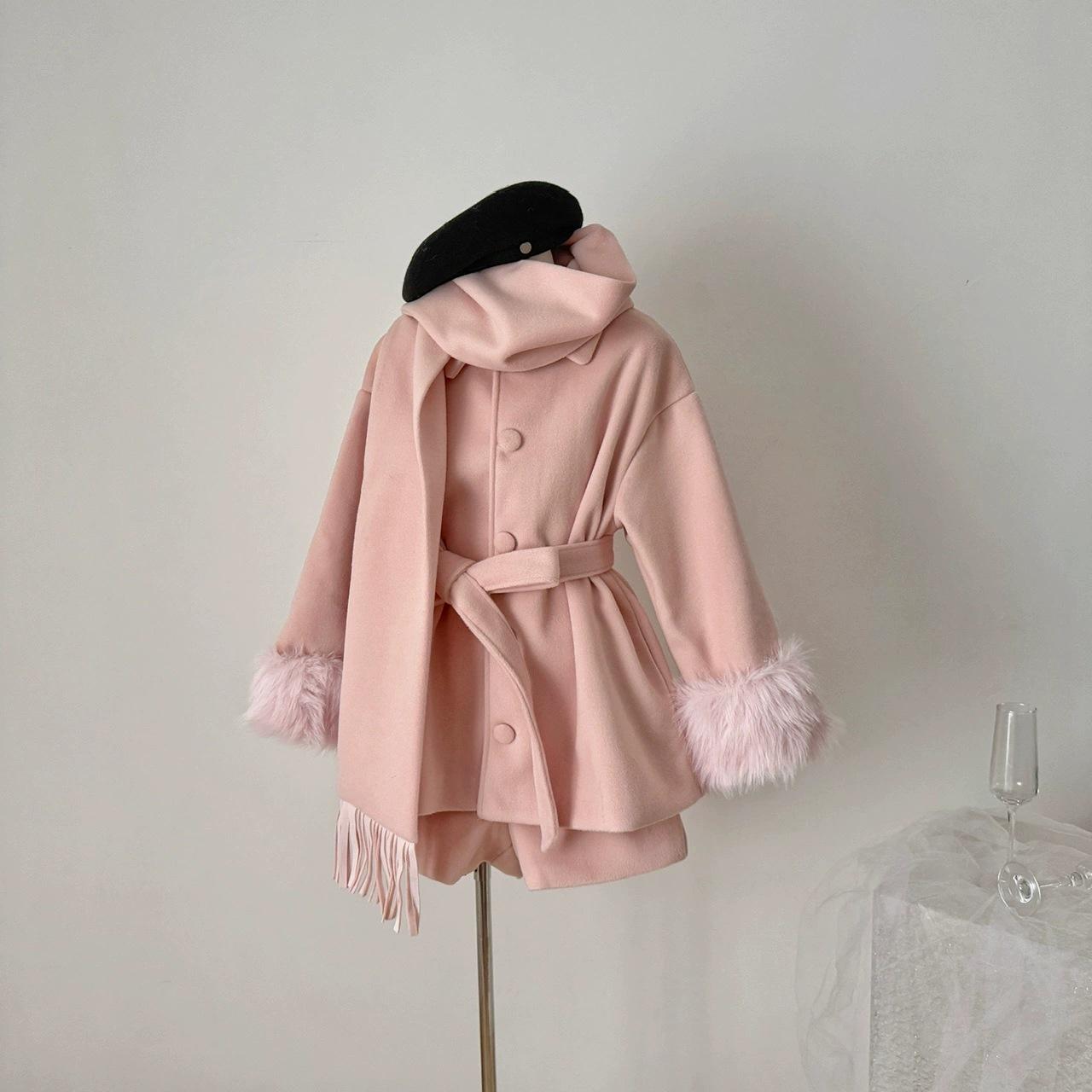 

Girly Sweet Pink Woolen Scarf Collar Coat for Women - Korean Style, Warm & Loose Fit, Autumn/Winter M