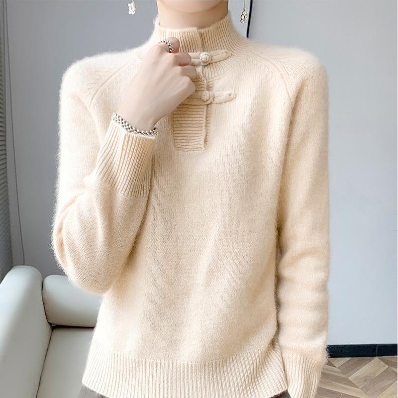 Women's Slimming Wool Sweater - Chinese Style Button-Up, Half-High Collar, Long Sleeve Pullover for Autumn/Winter