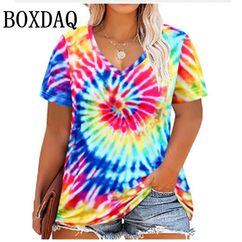 Trendiges Plus-Size Damen Tie-Dye V-Ausschnitt T-Shirt Mode Kurzarm Lockerer Pullover Tops Für Lässige Sommerkleidung Große Größen T-Shirts