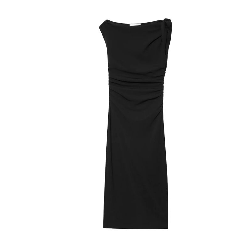 

Summer Women s Clothing Ruched Decorative Patchwork Lining Vacation Style Asymmetric Midi Skirt Dress 2477262 Black XS