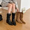 8Cm Heightening V-mouth Thick Heel Short Boots Children's New Autumn and Winter Retro Large Tube Circumference Thin Thick-soled Short Tube Stacking