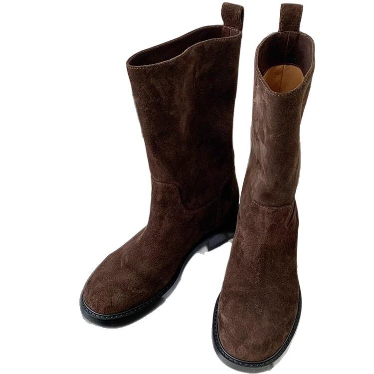 Korean version of handmade cigarette boots women's 2025 autumn and winter new leather boots medium boots retro straight knight boots single boots