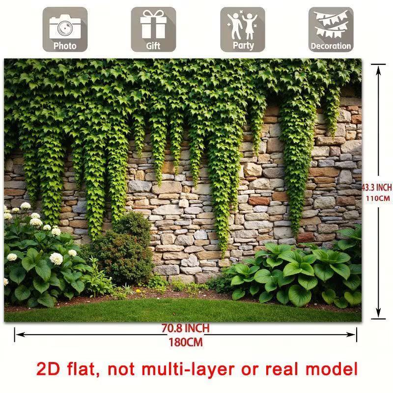 2D Garden Stone Wall with Ivy and Greenery Backdrop Photo Background