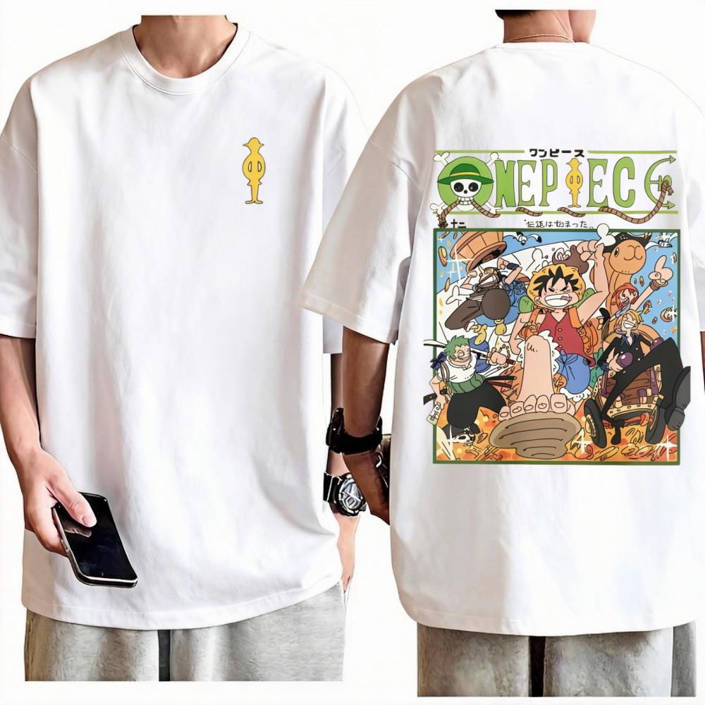 One Piece Straw Hat Pirates TShirt Retro Anime Graphic Print Crew Neck Pure Cotton High Street Fashion Tops For Men Women