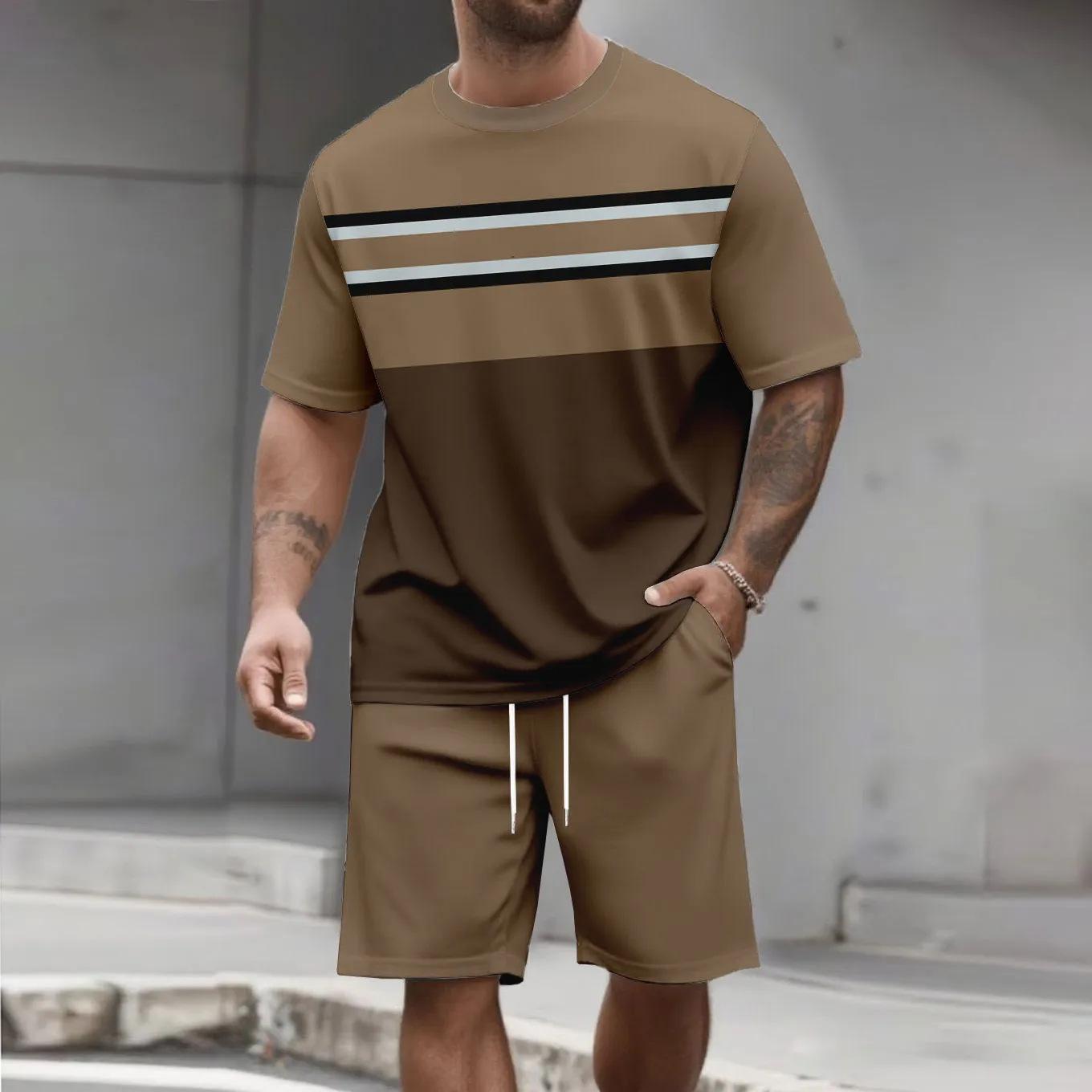 

Summer Men s 3D Printed Striped Sports Suit Fashion Versatile Trend Casual Breathable 6XL