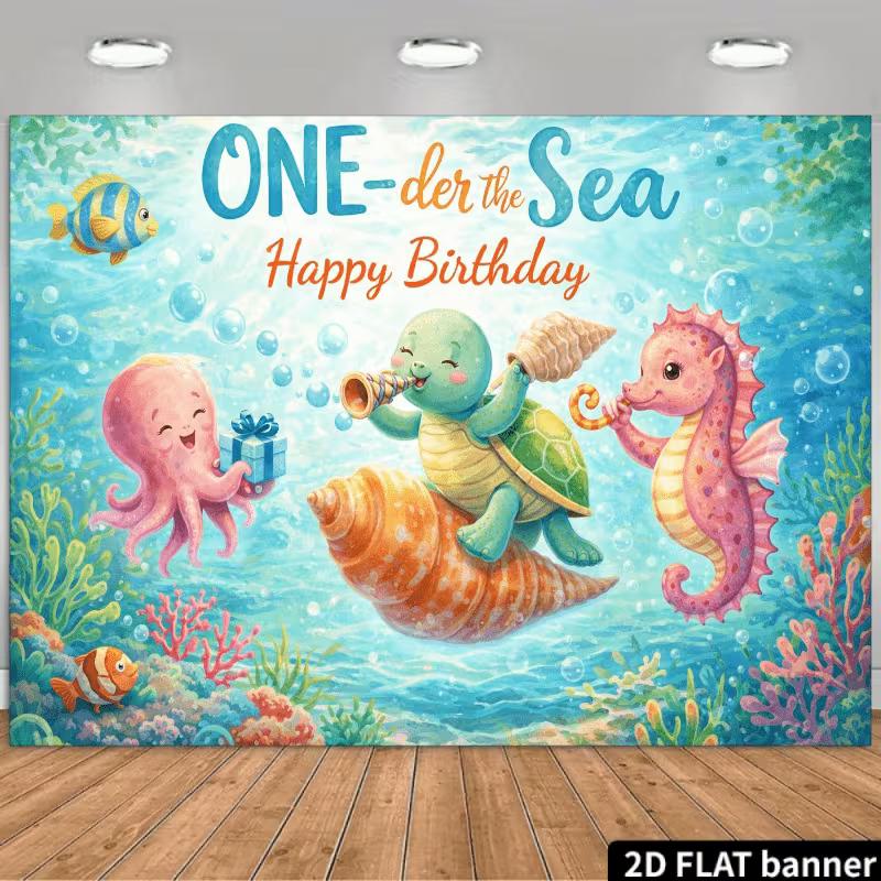 

2D Under the Sea 1st Birthday Background Banner, Bubble & Sea Creatures Backdrop for Party 47.2x31.5inch/120*80cm