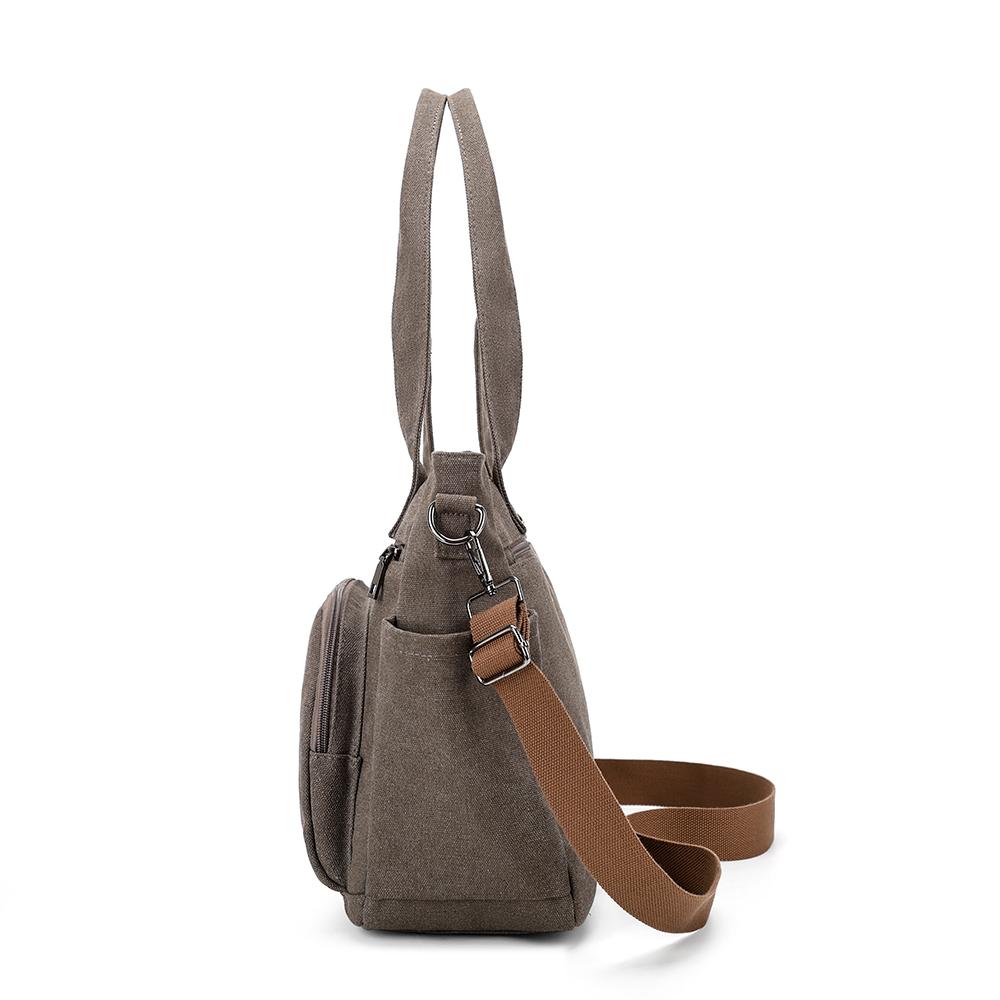 Bolsa Tote de Lona Color Sólida com Múltiplos Bolsos de Grande Capacidade Bolsa de Ombro Feminina Vintage para o Dia a Dia Bolsa Transversal